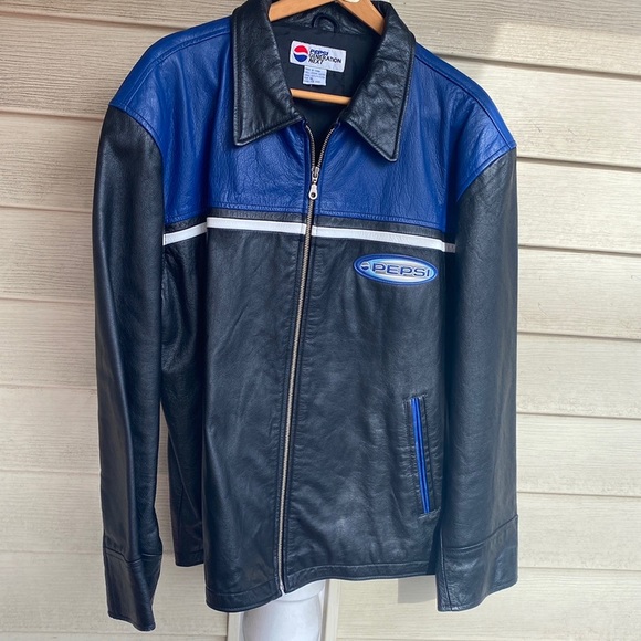 Men’s PEPSI black leather with blue trim coat XL